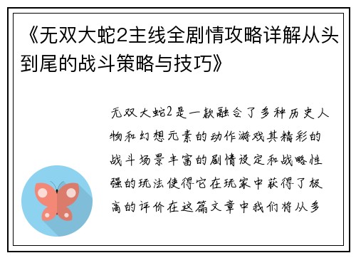 《无双大蛇2主线全剧情攻略详解从头到尾的战斗策略与技巧》