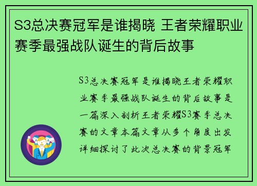 S3总决赛冠军是谁揭晓 王者荣耀职业赛季最强战队诞生的背后故事